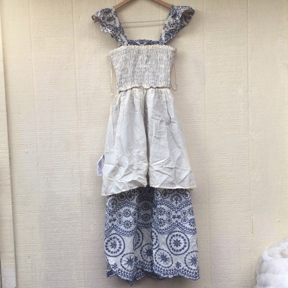 Zara Openwork embroidered floral eyelet Blue and White ruffle sleeves Maxi Dress - Picture 3 of 16